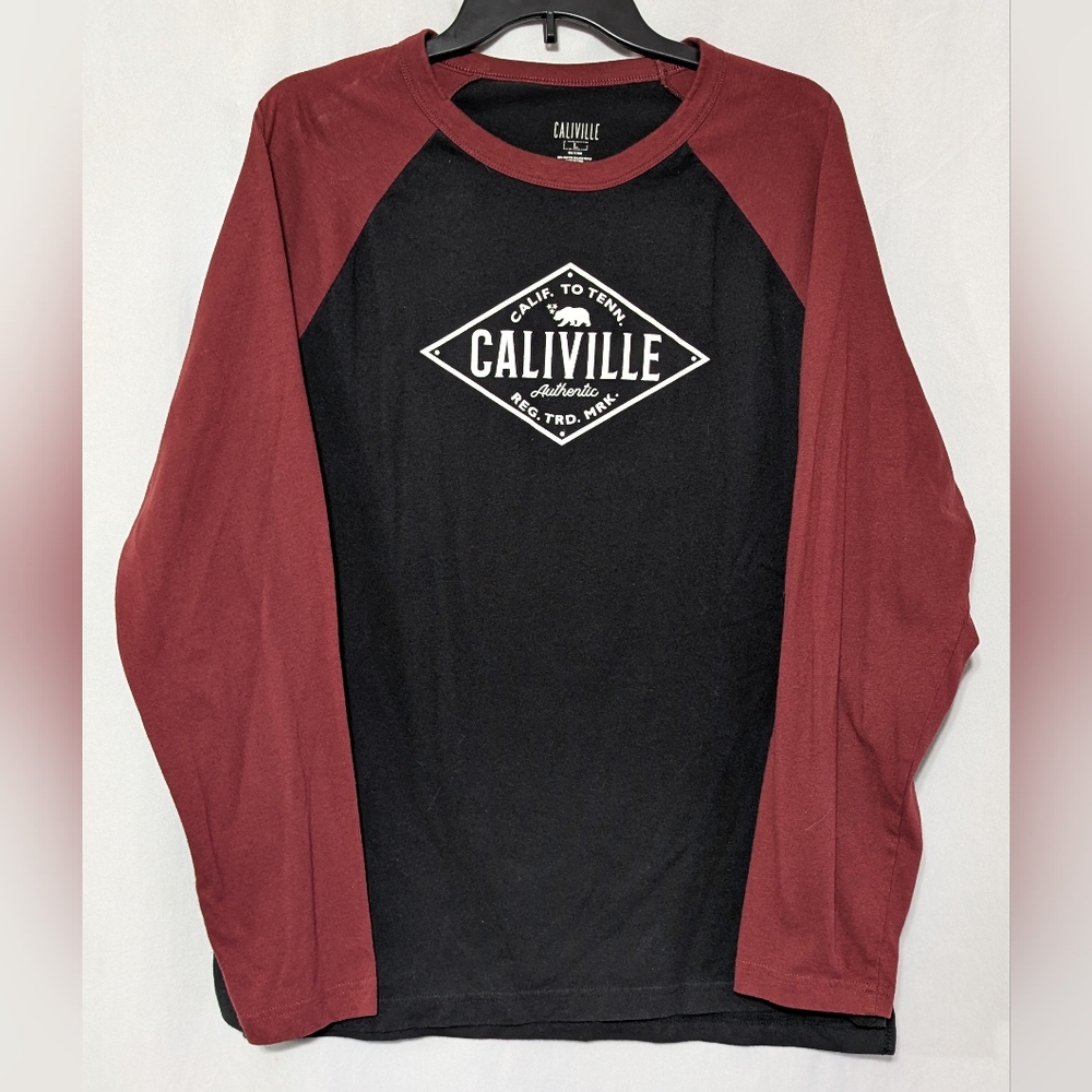 ☘️Caliville Men's Black and Burgundy Raglan Long Sleeve Crewneck Shirt, Large